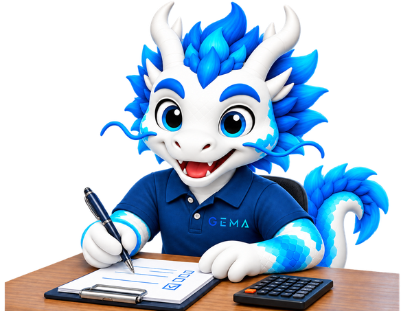 Mascota GEMA con calculadora, ilustrando el servicio de cotización