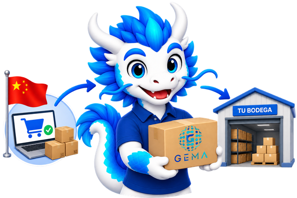 Mascota GEMA entregando una caja en una bodega, ilustrando el servicio integral de compras e importaciones