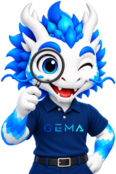 Mascota GEMA con lupa, ilustrando el servicio de búsqueda de proveedores