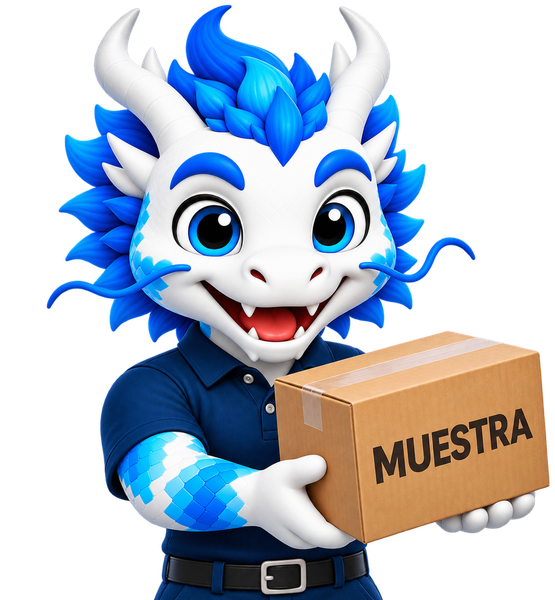 Mascota GEMA con una caja de muestra, ilustrando el servicio de gestión de muestras