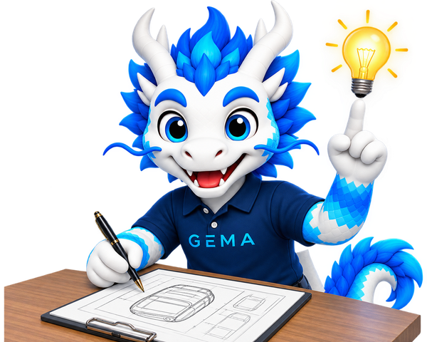 Mascota GEMA dibujando un plano de producto, ilustrando personalización y desarrollo