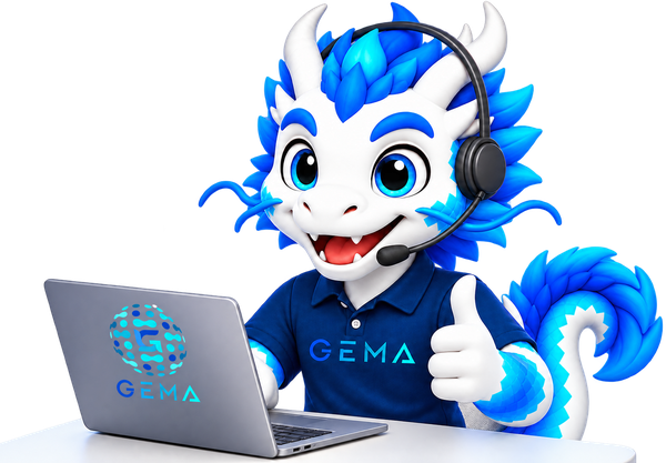 Mascota GEMA con lupa sobre su ojo, ilustrando la verificación online de proveedores