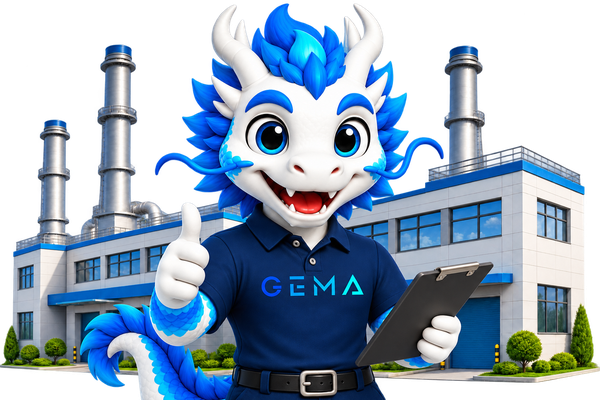 Mascota GEMA frente a una fábrica, ilustrando visitas y gestiones presenciales