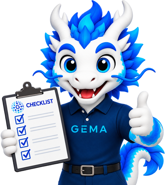 Mascota GEMA con un checklist, ilustrando auditorías e inspecciones