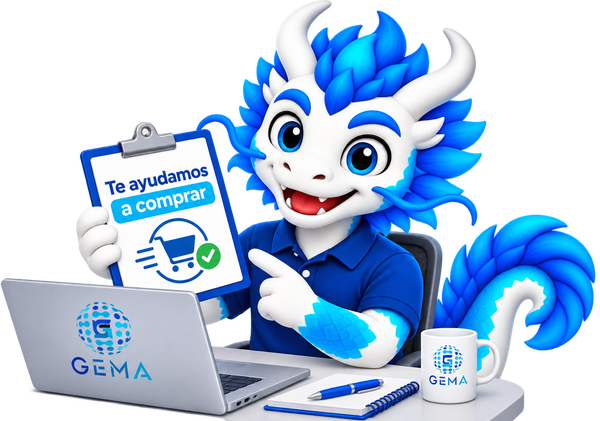 Mascota GEMA con un portapapeles, ilustrando asesoría y gestión de compras