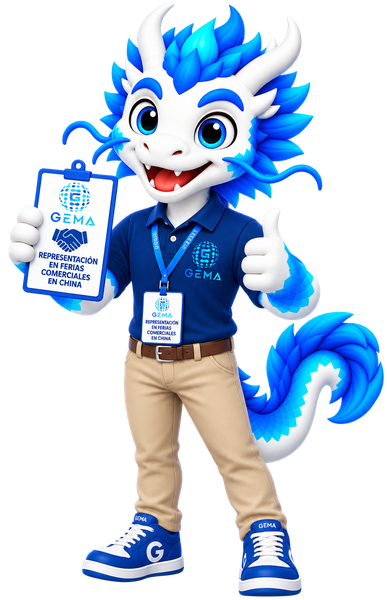 Mascota GEMA con credencial de feria comercial, ilustrando la representación en ferias