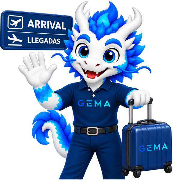 Mascota GEMA en el aeropuerto con una maleta, ilustrando la recepción y acompañamiento de clientes
